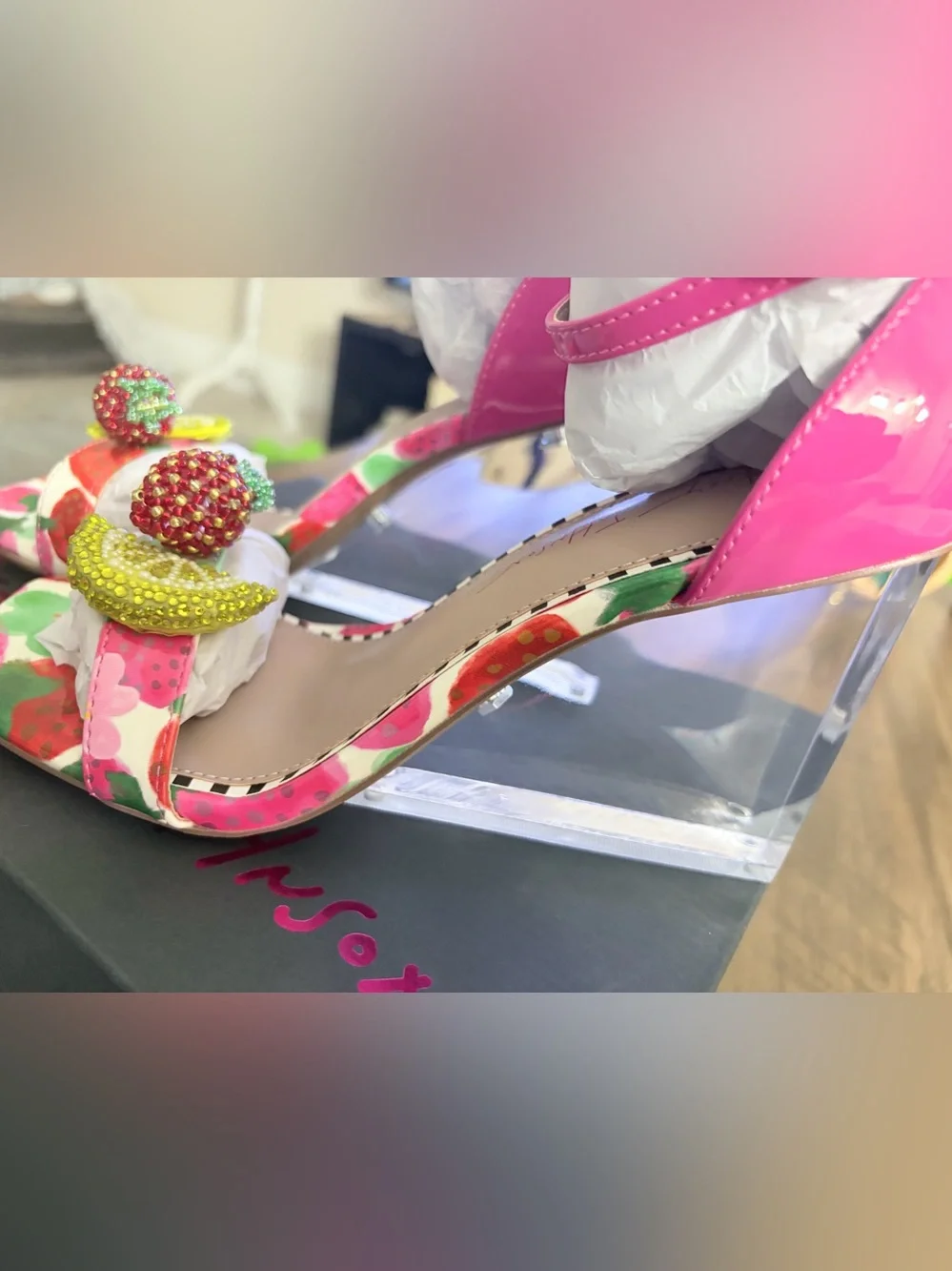 Betsey Johnson Pink Floral Beaded Fruit Ankle-Strap Heels - Picture 3 of 7